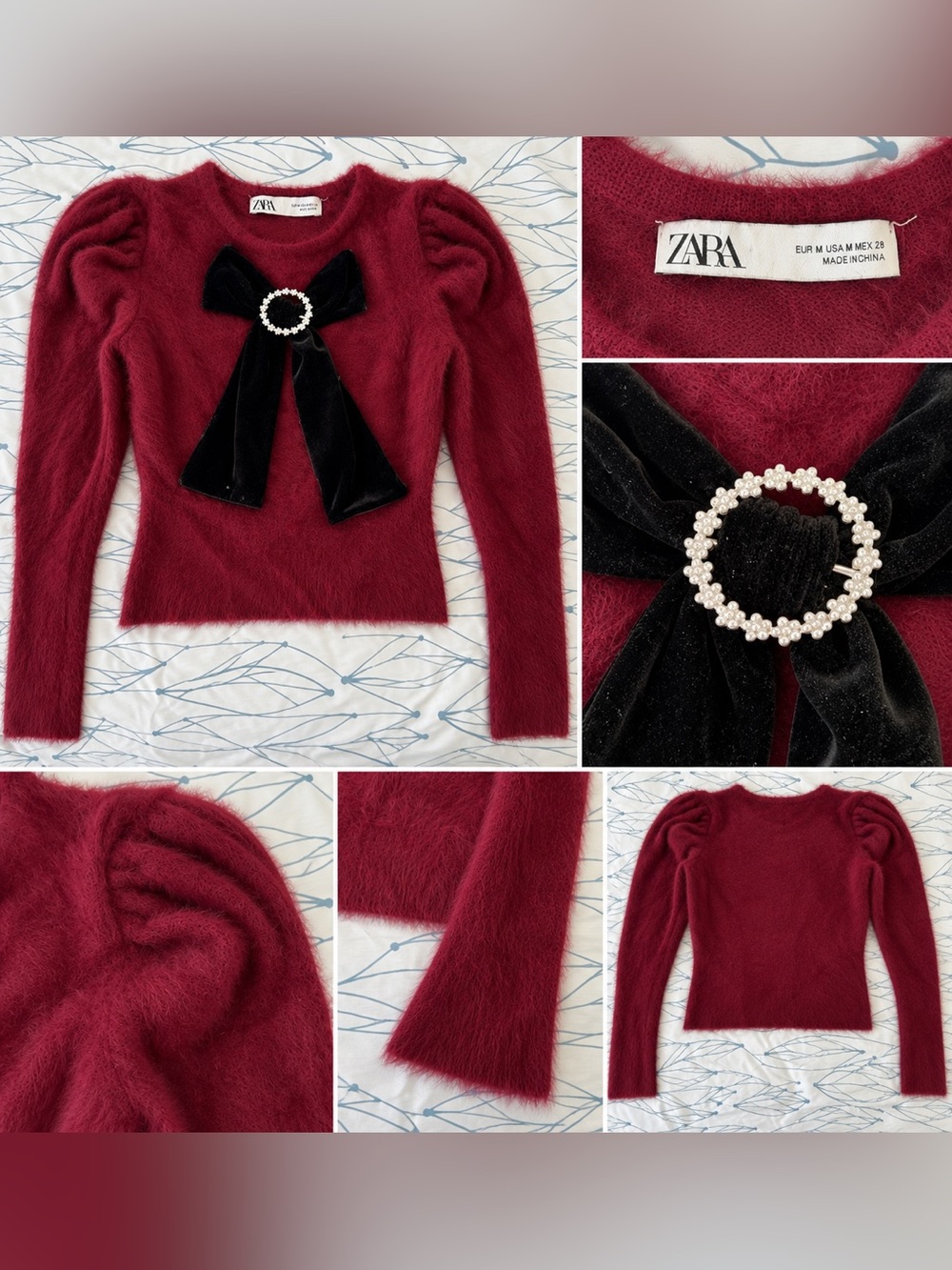 Zara Burgundy Fuzzy Knit Sweater with Black Velvet Pearl-Embellished Bow